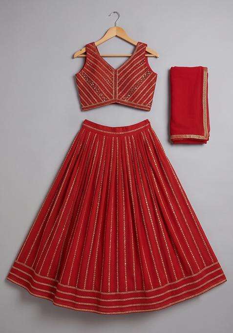 Red Silk Embroidered Lehenga Set For Girls
