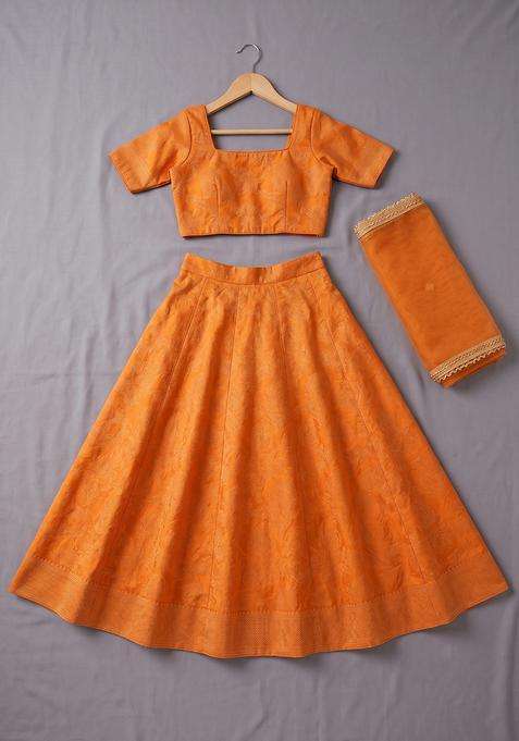 Girls Saffron Orange Embroidered Silk Lehenga Set
