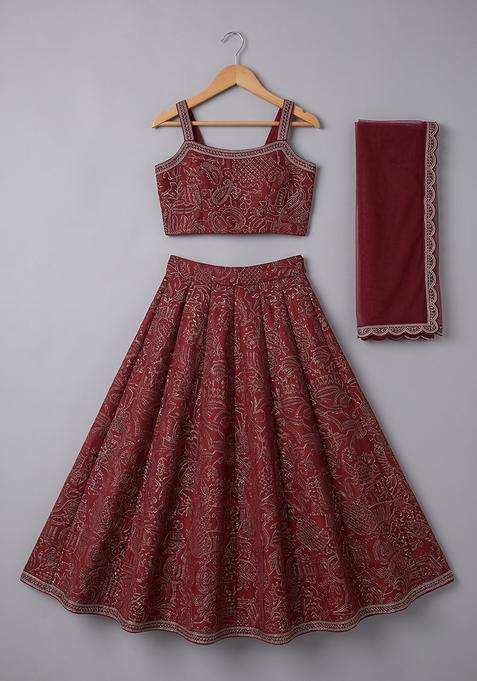 Girls Blood Red Embroidered Dola Silk Lehenga Set