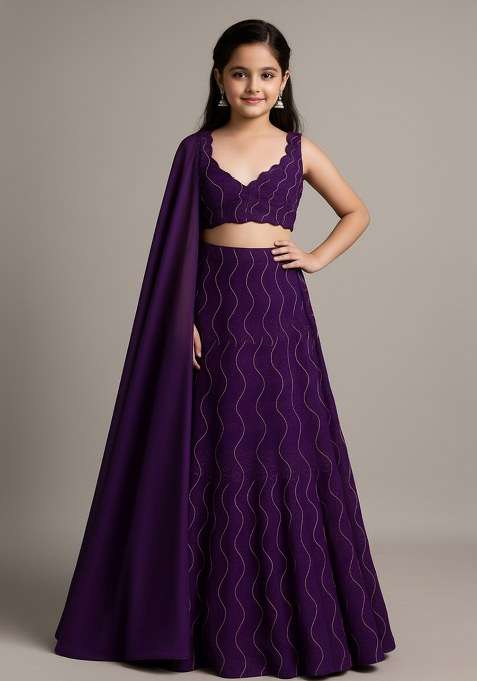 Girls Purple Embellished Organza Lehenga Set