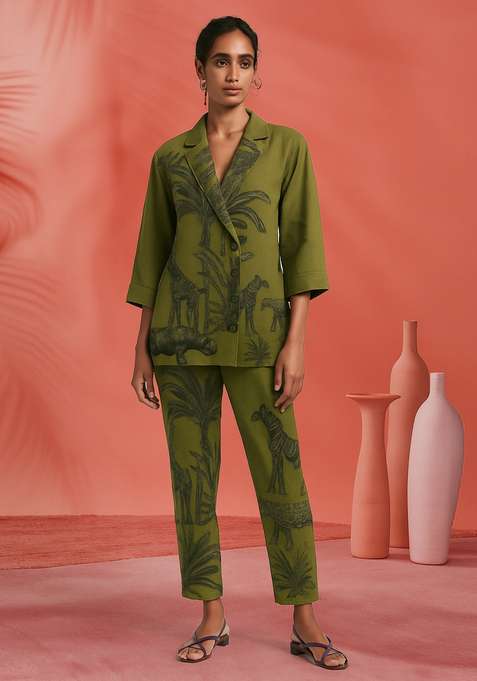 Green Printed Linen Blazer Co-Ord Set