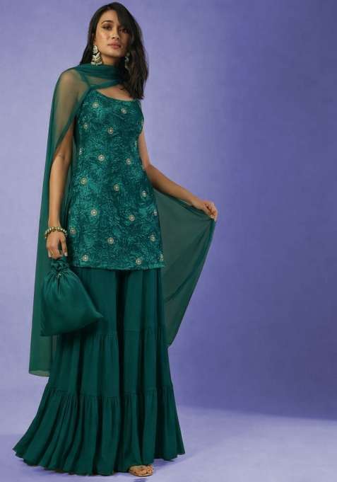 Teal Green Sequin Velvet Sharara Set