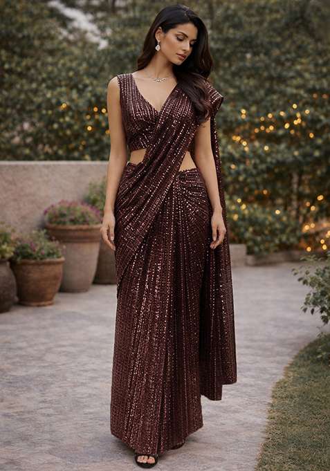 Brown Sequins Embroidery Net Pre Draped Saree Set for Diwali and Festive Wear
