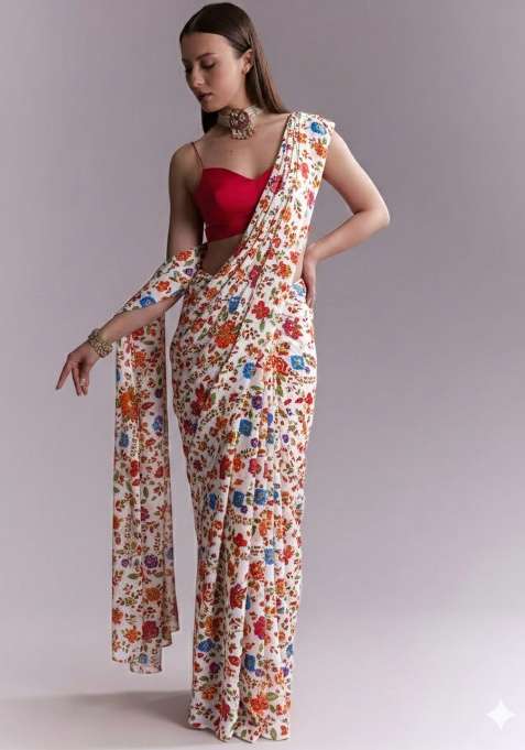 Multicolor Floral Print Crepe Pre Draped Saree Set