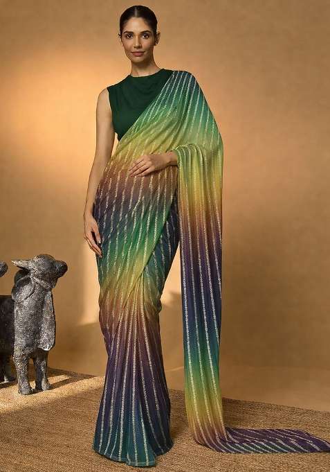 Multicolor Jacquard Crepe Pre Draped Saree Set