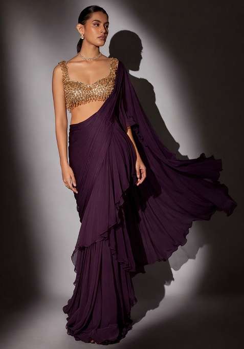 Deep Wine Hand Work CHINON Pre Draped Saree Set