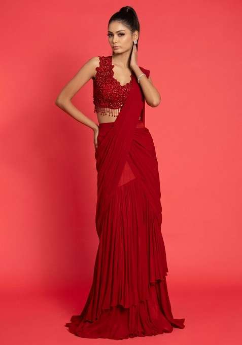 Red Crepe Handwork Pre Draped Saree Set