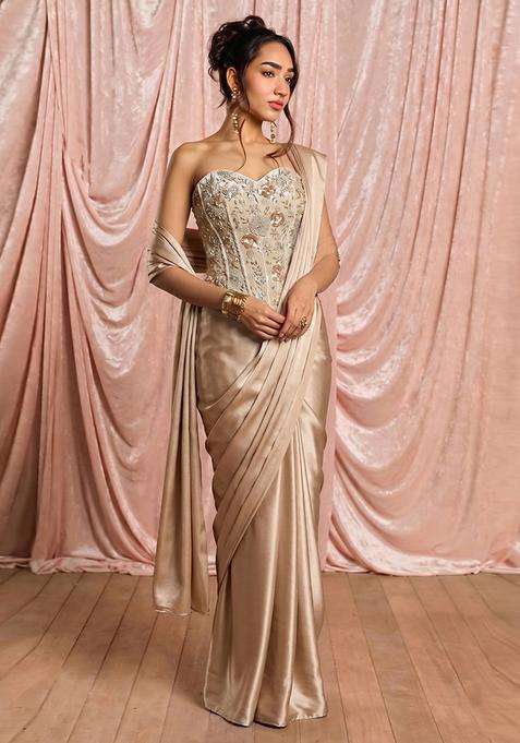 Soft Beige Embroidered Georgette Corset Blouse Pre Draped Saree Set