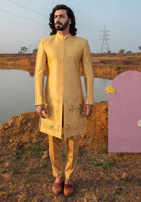 Golden Hand Embroidered Vegan Silk Blend Sherwani Set For Men