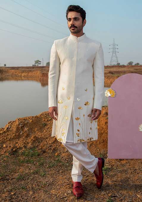 Ivory Cutpipe Embellished Vegan Silk Blend Sherwani Set For Men