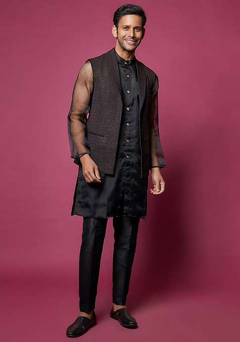 Black Organza Jacket And Kurta Set For Men