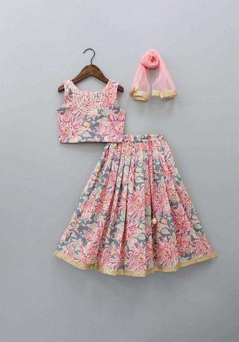 Peach Solid Silk Lehenga Set For Girls