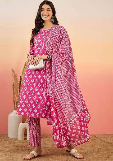 Pink Printed Cotton Kurta Set
