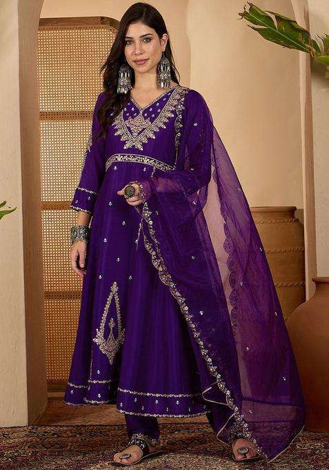 Purple Embroidered Silk Blend Kurta Set