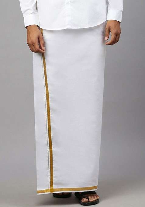 White Solid Gold Jari Border Single Layer Adjustable Cotton Dhoti With Pocket For Men