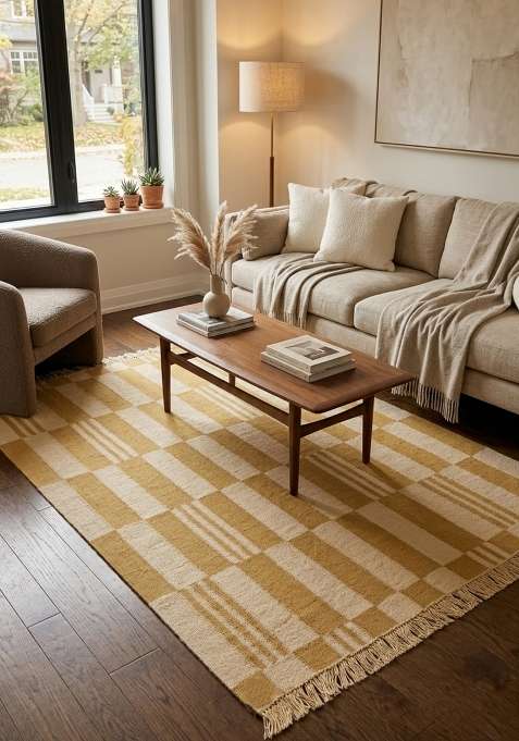 Saffron Rugs Mustard Yellow Scandinavian Checkered Flat Weave Wool Rectangular Rug