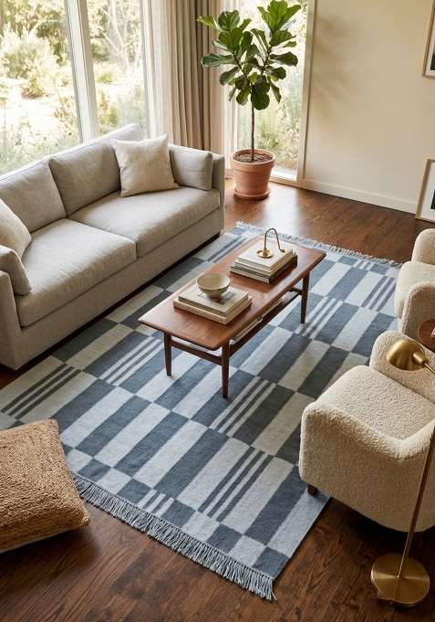 Saffron Rugs Slate Blue Scandinavian Checkered Flat Weave Wool Rectangular Rug