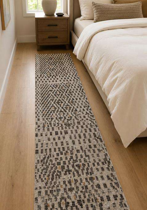 Saffron Rugs Grey Beige Bohemian Geometric Machine Washable Flat Weave Wool Runner