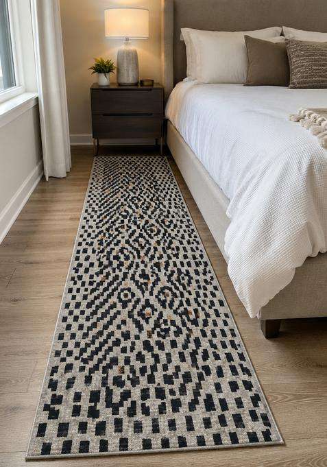 Saffron Rugs Grey Bohemian Geometric Machine Washable Flat Weave Wool Runner
