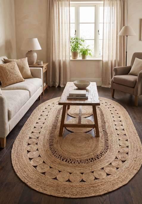 Saffron Rugs Natural Beige Bohemian Geometric Flat Weave Jute Oval Rug
