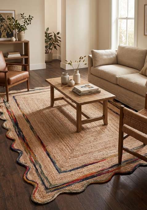 Saffron Rugs Natural Beige Bohemian Geometric Flat Weave Jute Scalloped Rug