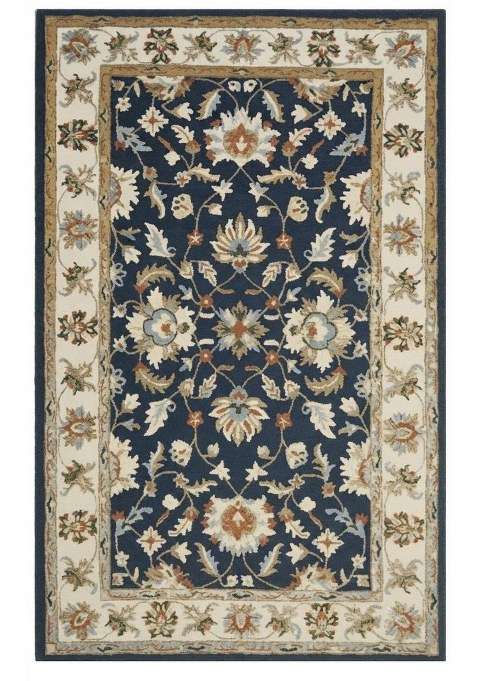 Saffron Rugs Navy Blue Oriental Floral Hand Tufted Wool Rectangular Rug