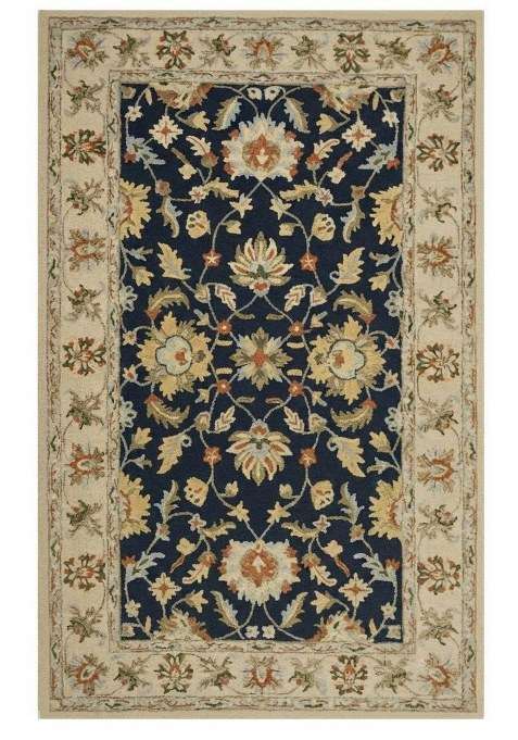 Saffron Rugs Navy Blue Oriental Floral Hand Tufted Wool Rectangular Rug