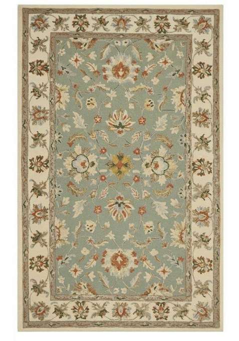 Saffron Rugs Sage Green Oriental Floral Hand Tufted Wool Rectangular Rug