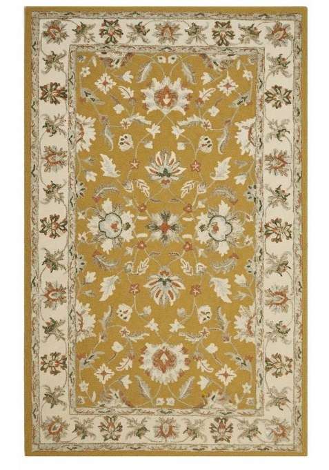 Saffron Rugs Gold Oriental Floral Hand Tufted Wool Rectangular Rug