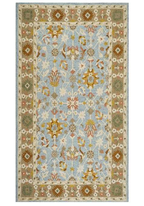 Saffron Rugs Light Blue Oriental Floral Hand Tufted Wool Rectangular Rug