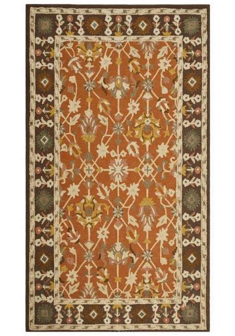 Saffron Rugs Rust Orange Oriental Floral Hand Tufted Wool Rectangular Rug
