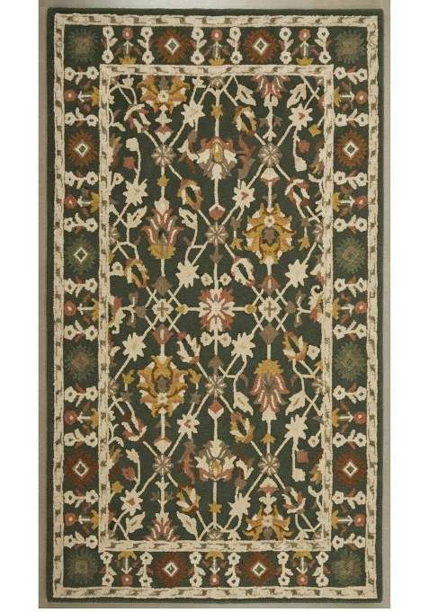 Saffron Rugs Dark Olive Green Oriental Trellis Hand Tufted Wool Rectangular Rug