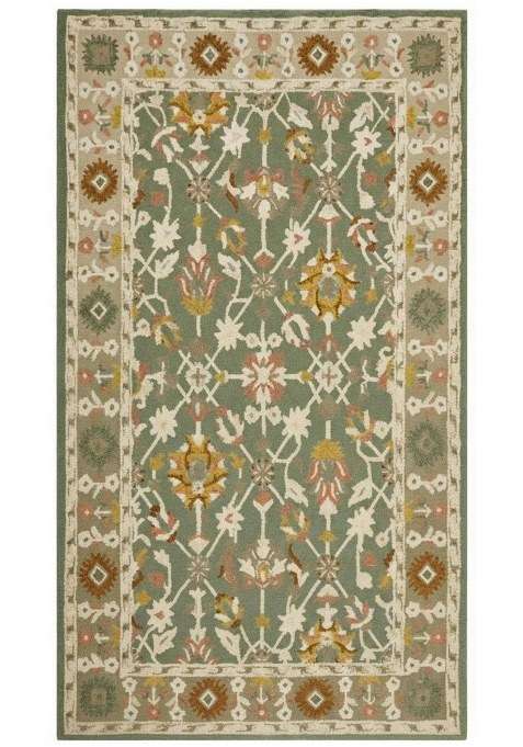 Saffron Rugs Sage Green Oriental Floral Hand Tufted Wool Rectangular Rug