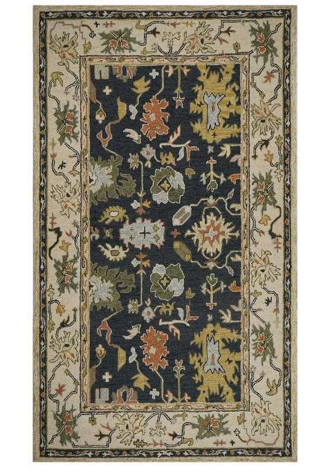 Saffron Rugs Dark Navy Blue Oriental Floral Hand Tufted Wool Rectangular Rug