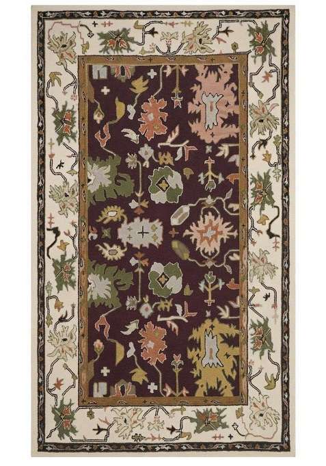 Saffron Rugs Dark Maroon Oriental Floral Hand Tufted Wool Rectangular Rug