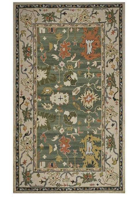 Saffron Rugs Sage Green Oriental Floral Hand Tufted Wool Rectangular Rug