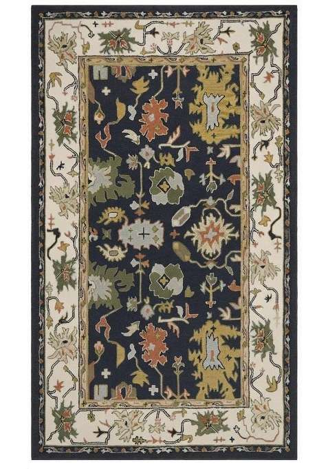 Saffron Rugs Navy Blue Oriental Floral Hand Tufted Wool Rectangular Rug
