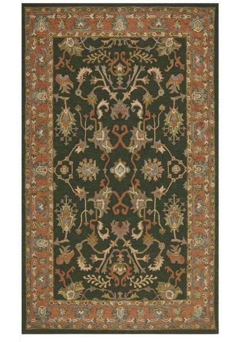 Saffron Rugs Dark Green Oriental Floral Hand Tufted Wool Rectangular Rug