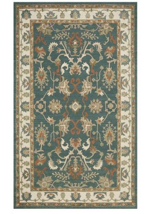 Saffron Rugs Teal Blue Oriental Floral Hand Tufted Wool Rectangular Rug