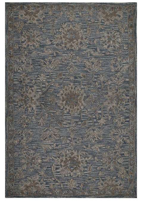 Saffron Rugs Steel Blue Oriental Floral Hand Tufted Wool Rectangular Rug