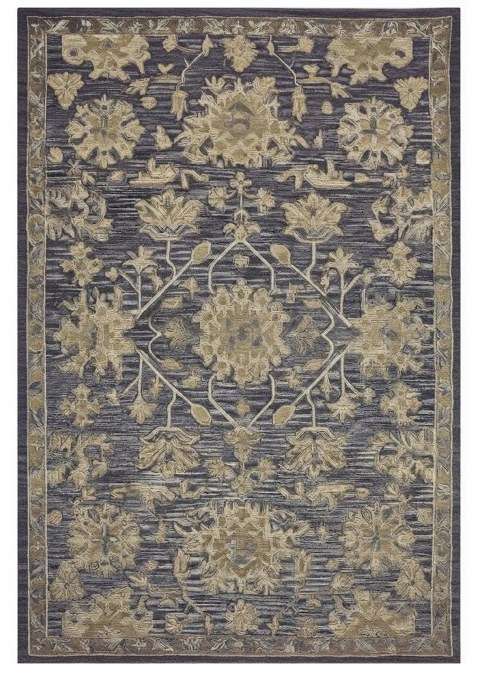 Saffron Rugs Dark Navy Blue Classic Floral Hand Tufted Wool Rectangular Rug