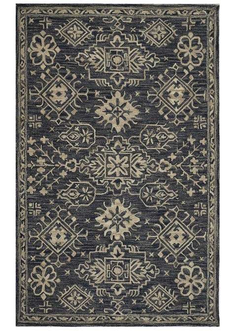 Saffron Rugs Dark Blue Grey Classic Geometric Hand Tufted Wool Rectangular Rug