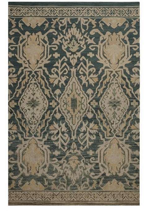 Saffron Rugs Dark Teal Oriental Floral Hand Tufted Wool Rectangular Rug