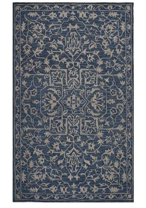 Saffron Rugs Navy Blue Transitional Floral Hand Tufted Wool Rectangular Rug