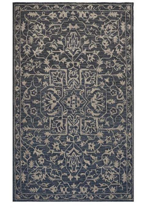 Saffron Rugs Navy Blue Classic Floral Hand Tufted Wool Rectangular Rug