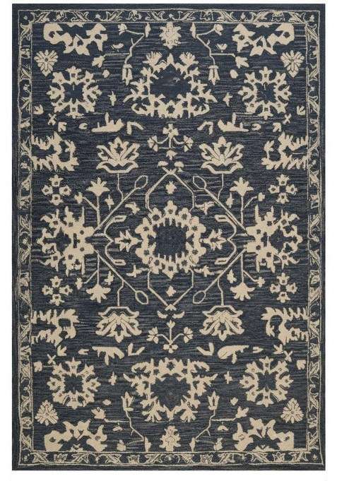 Saffron Rugs Dark Navy Blue Oriental Floral Hand Tufted Wool Rectangular Rug