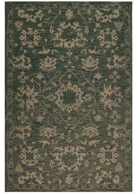 Saffron Rugs Dark Green Transitional Floral Hand Tufted Wool Rectangular Rug