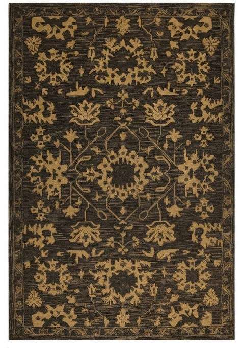 Saffron Rugs Dark Charcoal Gold Oriental Floral Hand Tufted Wool Rectangular Rug