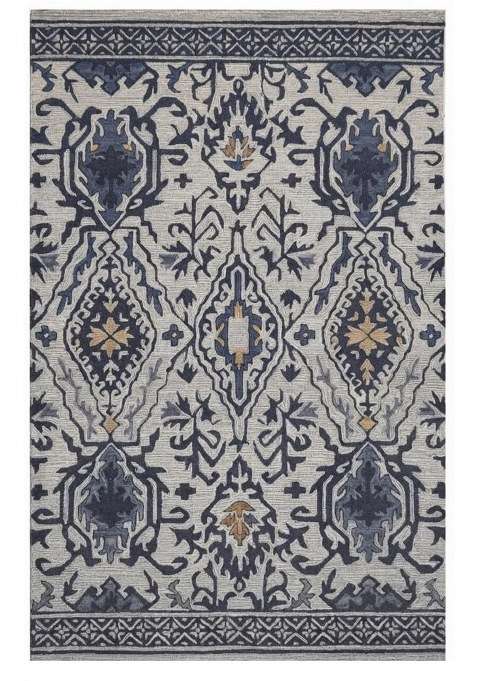 Saffron Rugs Ivory Blue Oriental Floral Hand Tufted Wool Rectangular Rug