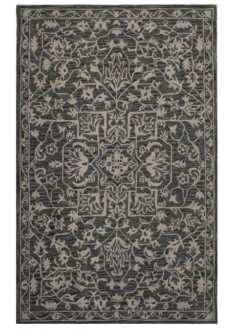 Saffron Rugs Charcoal Grey Transitional Floral Hand Tufted Wool Rectangular Rug